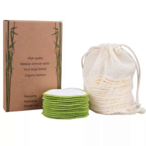 Biodegradable Reusable Bamboo Terry Facial Rounds Makeup Remover Cotton Pads in Mesh Bag and Cardboard Box