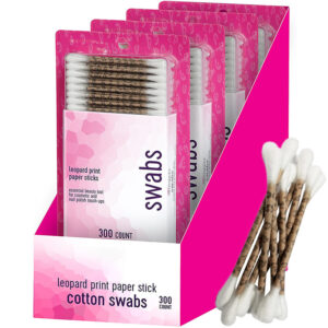 Leopard Print Paper Stick Cotton Swabs 300 Count in Blister Card